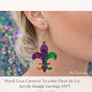 Mardi Gras Carnival Tri-color Fleur de Lis Dangle Earrings NWT